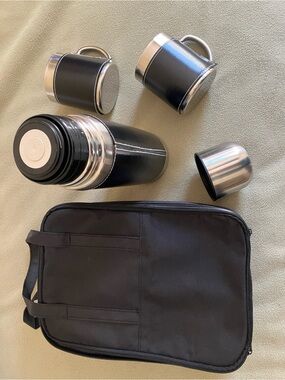 Stainless Steel Travel Mug and Thermal Carafe Set in Black Canvas Carry Bag